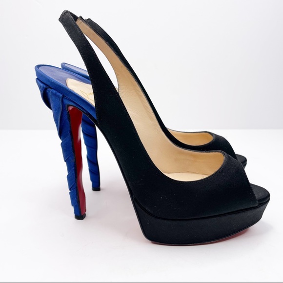 Christian Louboutin Shoes - Christian Louboutin Black Blue Plissetta Crepe Satin Platform Heels Pumps